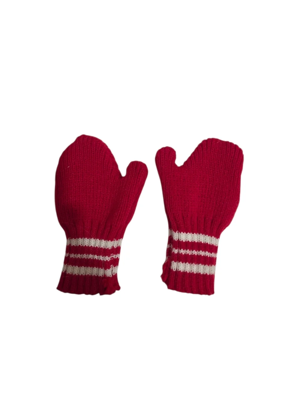 Vintage 1970s Child's Knitted Wool Red Mittens With White Stripes